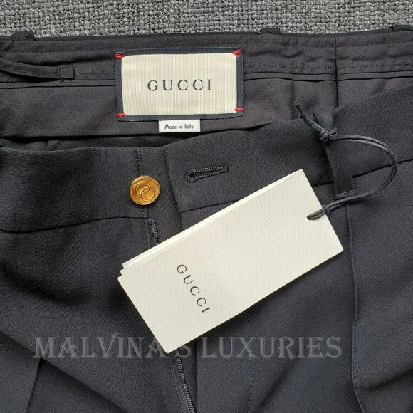 GUCCI PANTS BLACK SILK WOOL CREASED TROUSERS w LOGO BUTTON sz IT 44 US 8 - Picture 10 of 14